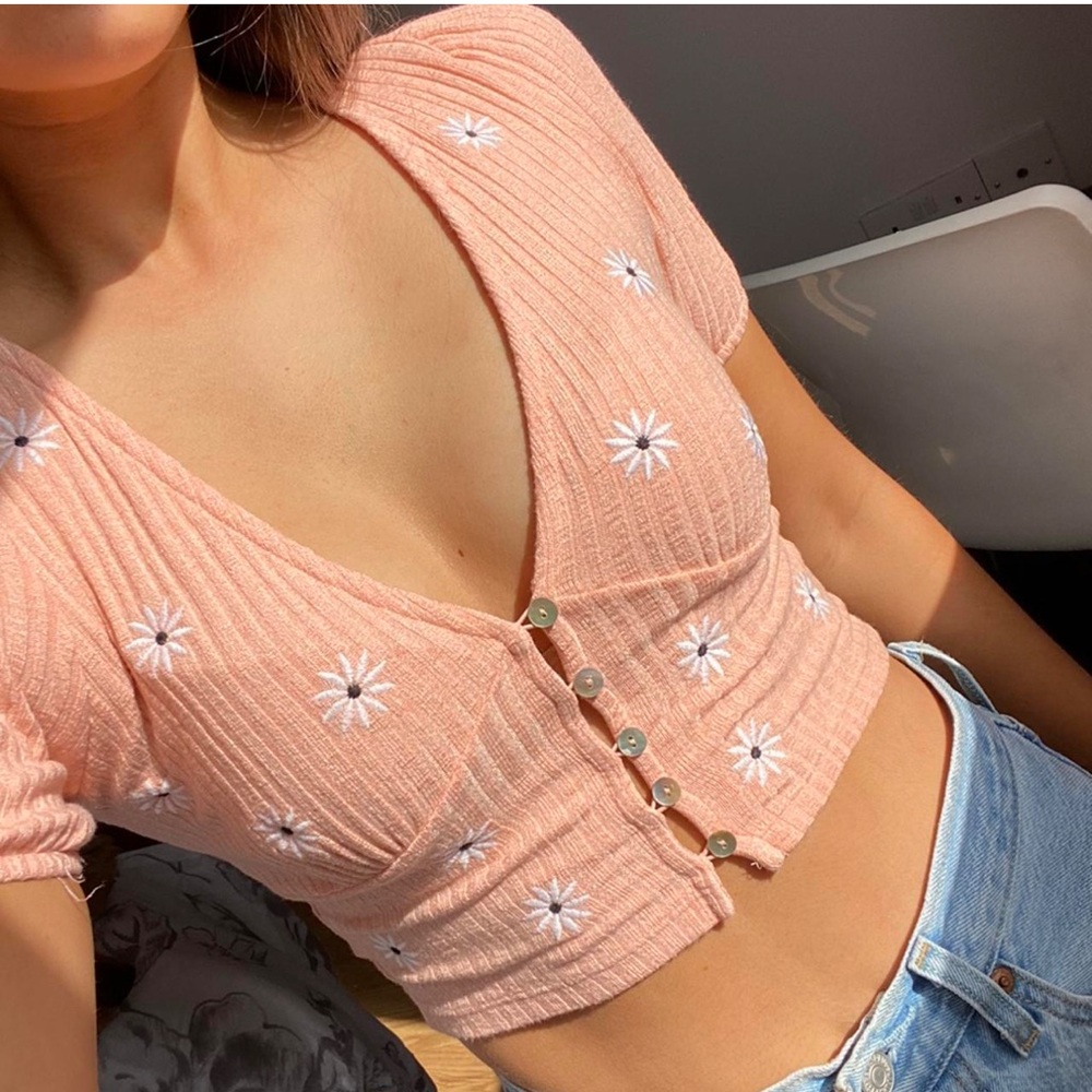Bershka Pink Ribbed Crop Blouse